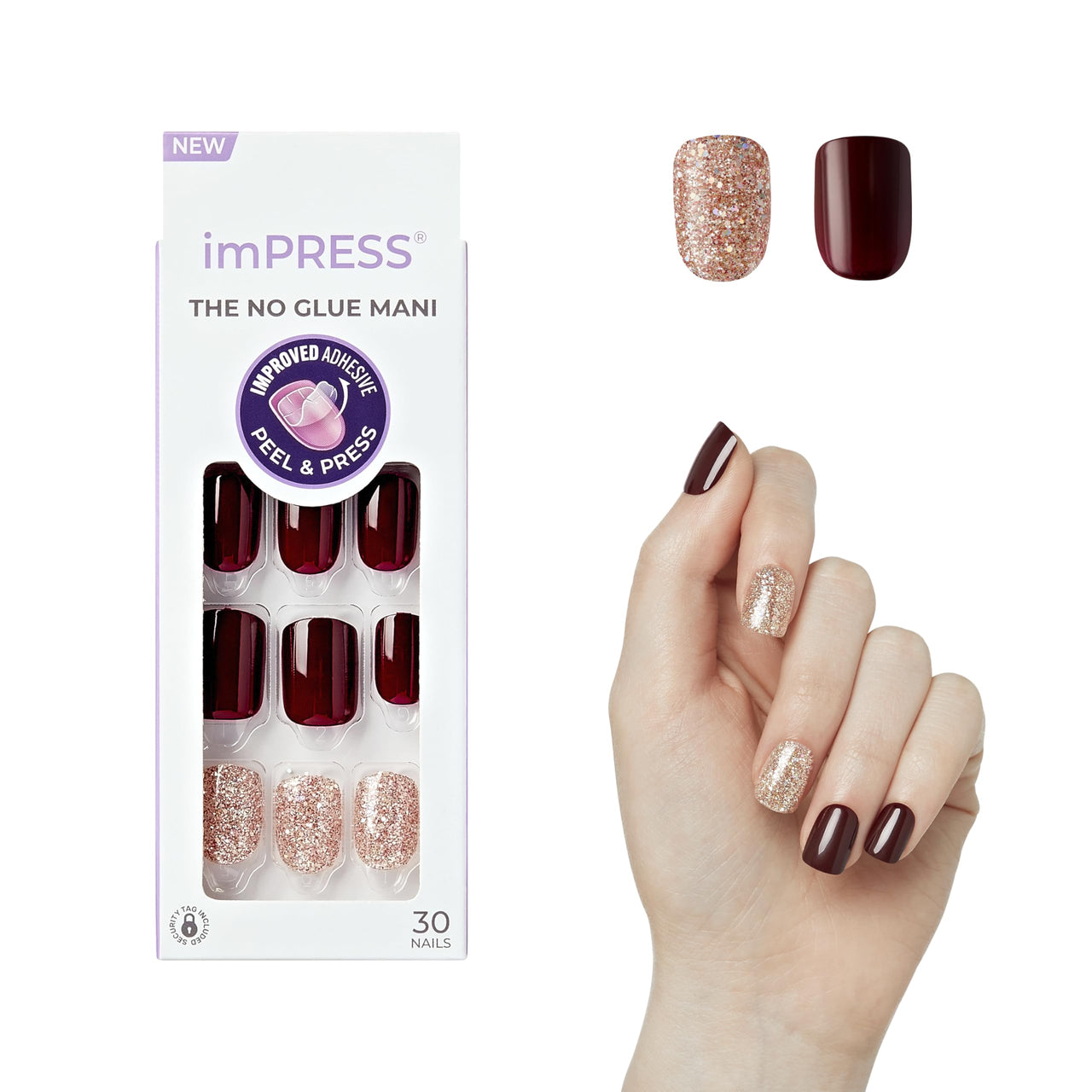 KISS imPRESS No Glue Mani Press On Nails, Design, 'No Other', Red, Short Size, Squoval Shape, Includes 30 Nails, Prep Pad, Instructions Sheet, 1 Manicure Stick, 1 Mini File | Premium Nail Wraps - Premium Nail Wraps, Salon-Quality, Easy Application