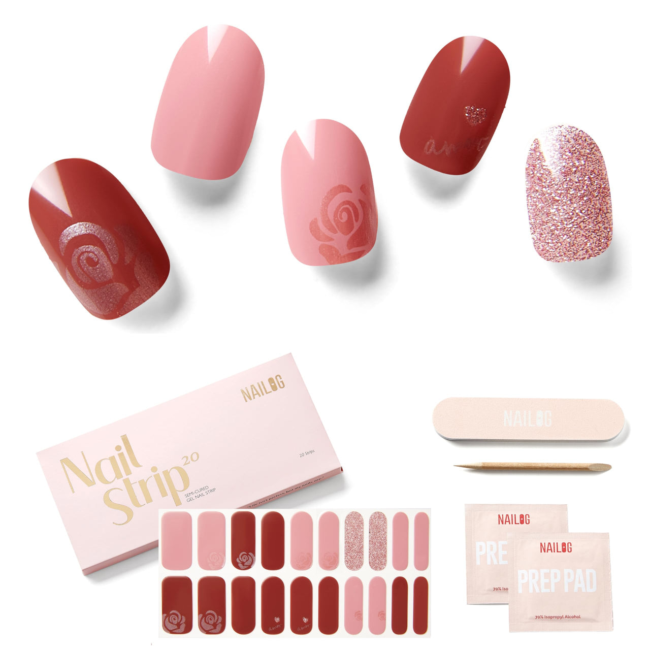 NAILOG Semi Cured Gel Nail Strips, 20 Pcs Red Long Lasting Nail Nail Wraps Extra Long Nail Nail Wraps with Glossy Gel Finishing for Spring Summer, Darling Roses