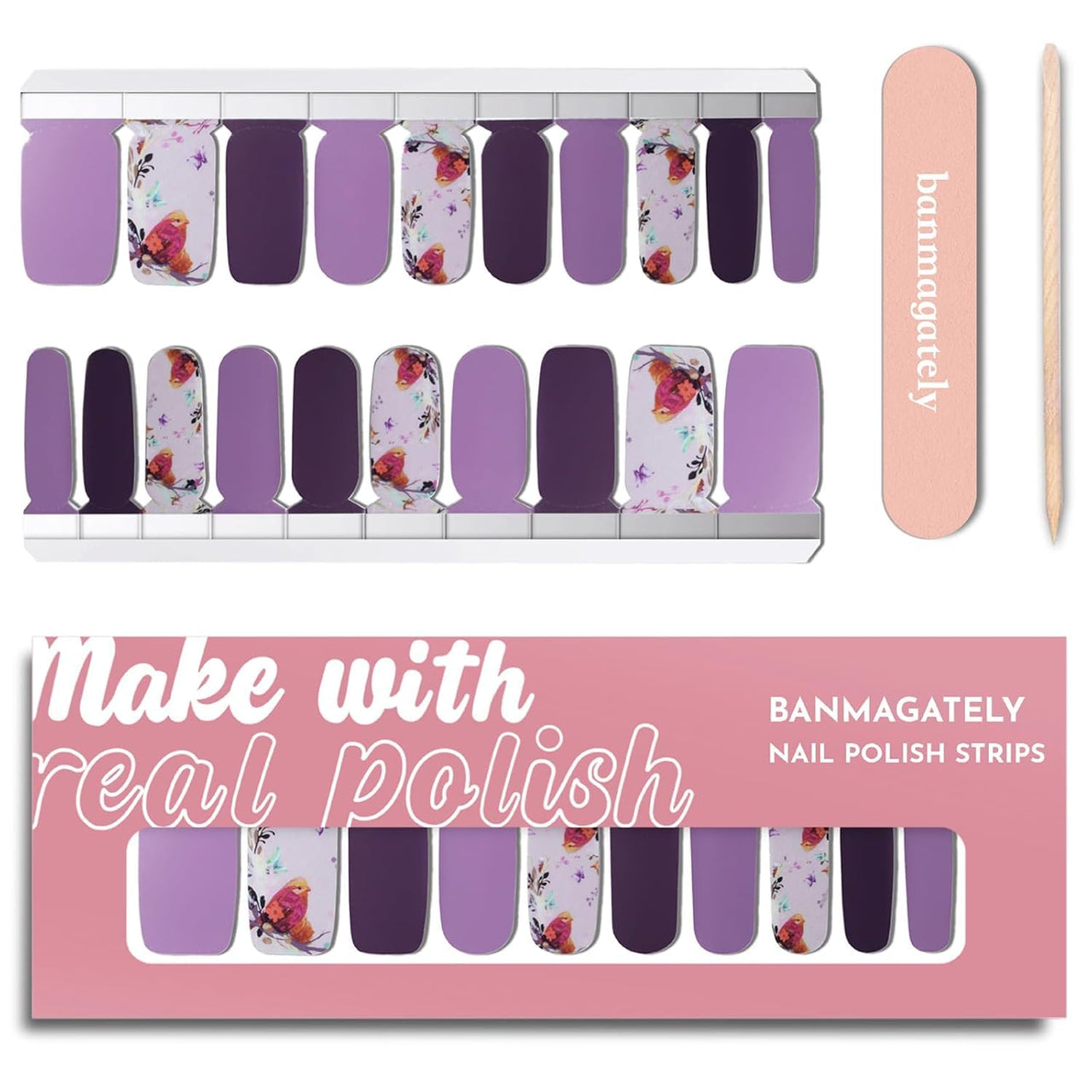 banmagately Nail Polish Strips, 20Pcs Salon Quality Gel Nail Nail Nail Wraps, Easy Long Lasting Nail Wraps for Short Nails no UV Light Needed (Purple Bird & Flower)