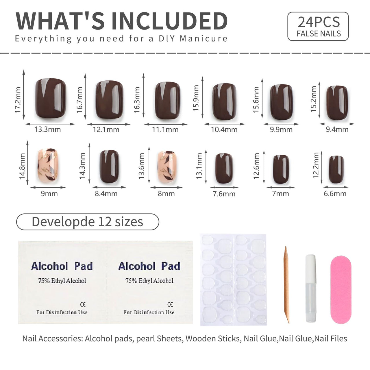 Stbisen Dark Brown Press on Nails Short Square Fake Nails with Golden Leaf Accents Glitter Designs, Glossy Gel Finish Acrylic Short Fake Nails, Thick Natural Glue on Nails Kit for Women, 24Pcs
