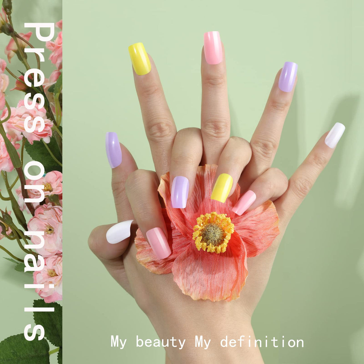 FANDAMEI 24 Colors Press on Nails Square, 24 Packs 576PCS Press on Nails Medium Glossy, Lightweight Natural Fake Nails Full Cover, False Nails with Glue, Short Square Acrylic Press on Nails