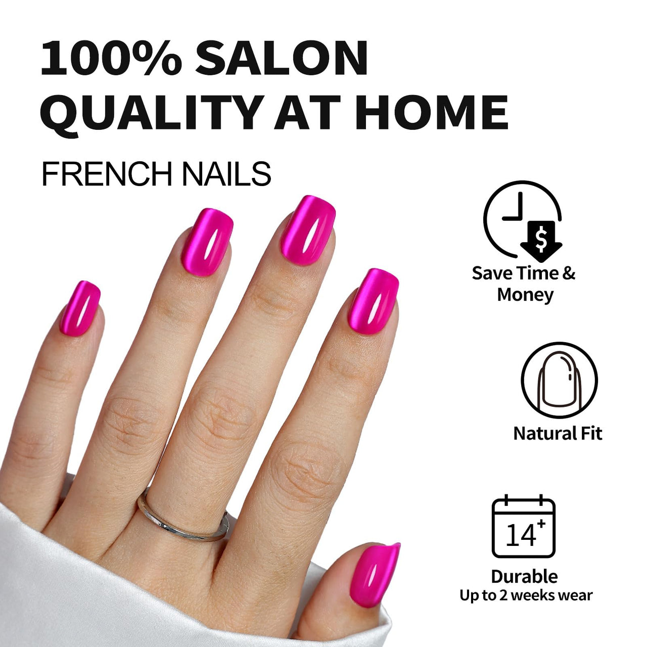 SHANGMENG Hot Pink Press on Nails Short - Cat Eye Press on Nails Square for Women Gift, Natural Fit & Glossy Stick on Nails in 16 Sizes - 32 Reusable Soft Gel Fake Nails with Glue, Hot Pink | Premium Nail Wraps