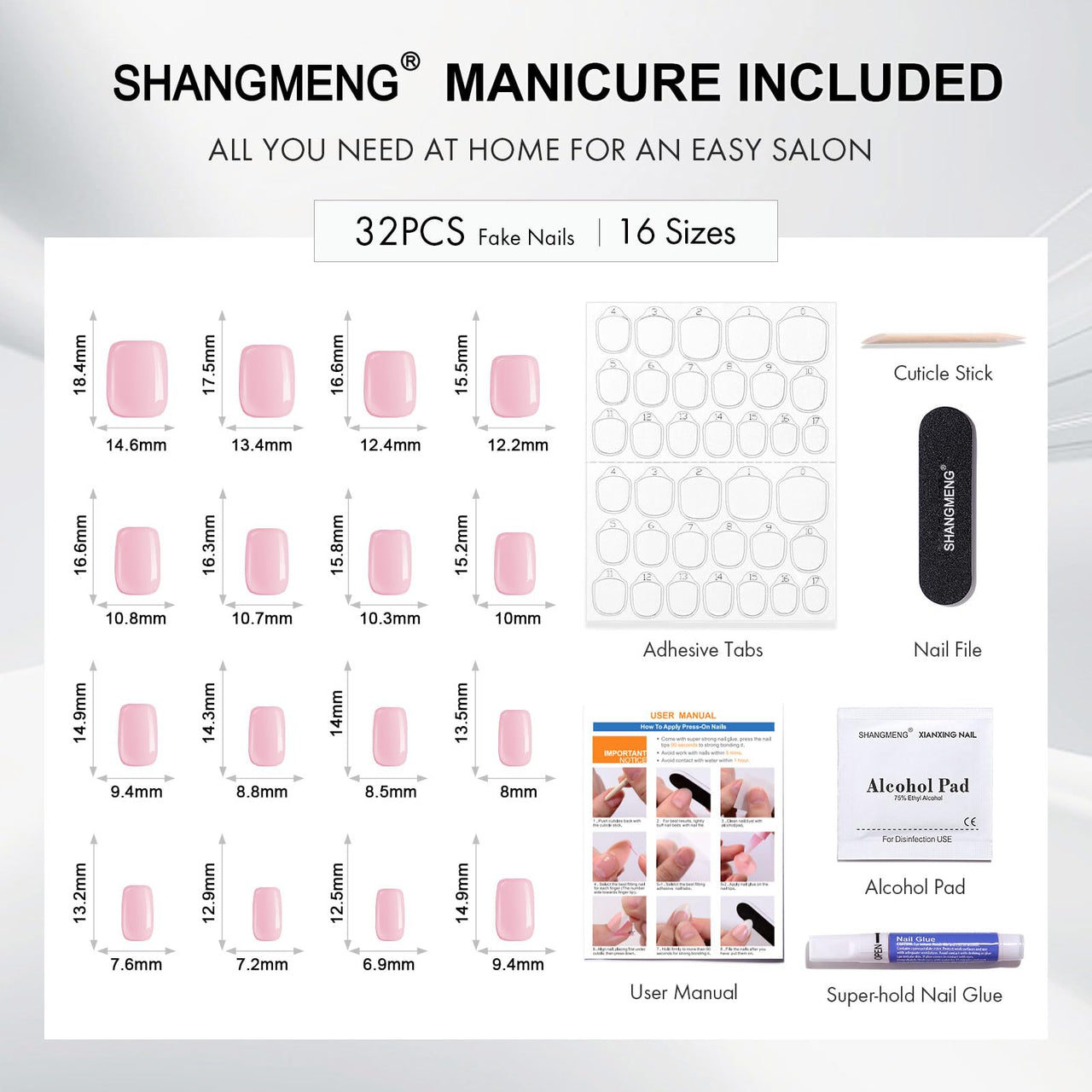 SHANGMENG Hot Pink Press on Nails Short - Cat Eye Press on Nails Square for Women Gift, Natural Fit & Glossy Stick on Nails in 16 Sizes - 32 Reusable Soft Gel Fake Nails with Glue, Hot Pink | Premium Nail Wraps