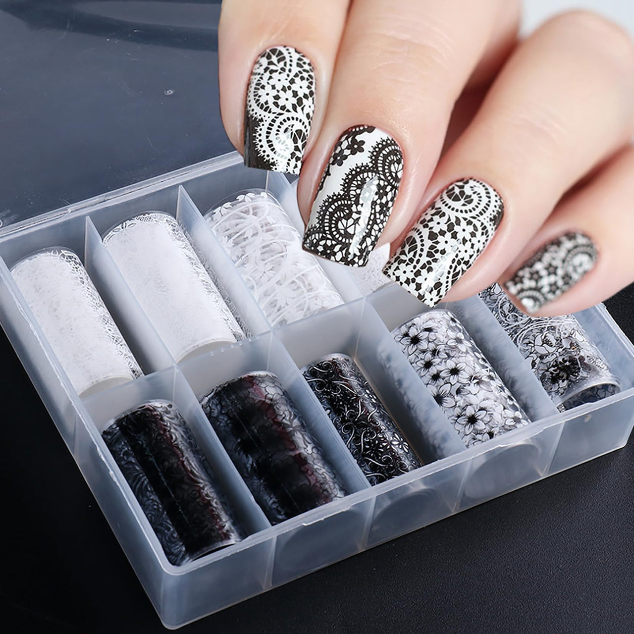 XEAOHESY 10 Rolls Lace Nail Art Foil Transfer Sticker Kit Black White Flower Foil Transfers Decals Nail Art Sticker Lace Flowers Nail Transfer Nail Nail Wraps Sheets Foil Nail Nail Wraps