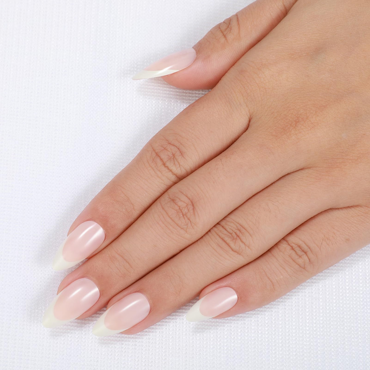 Rnker French Tip U Shape Press On Nails - White with Pink Color, Almond Top gel Nails with Bright Finish, 15 Sizes - 30 Nail Kit with Glue | Premium Nail Wraps