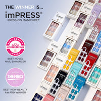 Thumbnail for KISS imPRESS No Glue Mani Press On Nails, Design, 'Rain Check', Blue, Short Size, Squoval Shape, Includes 30 Nails, Prep Pad, Instructions Sheet, 1 Manicure Stick, 1 Mini File