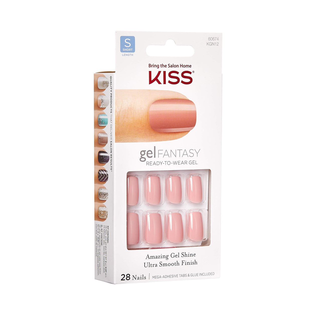 KISS Gel Fantasy Press On Nails, Nail glue included, 'Ribbons', Pink, Short Size, Squoval Shape, Includes 28 Nails, 2g glue, 1 Manicure Stick, 1 Mini File