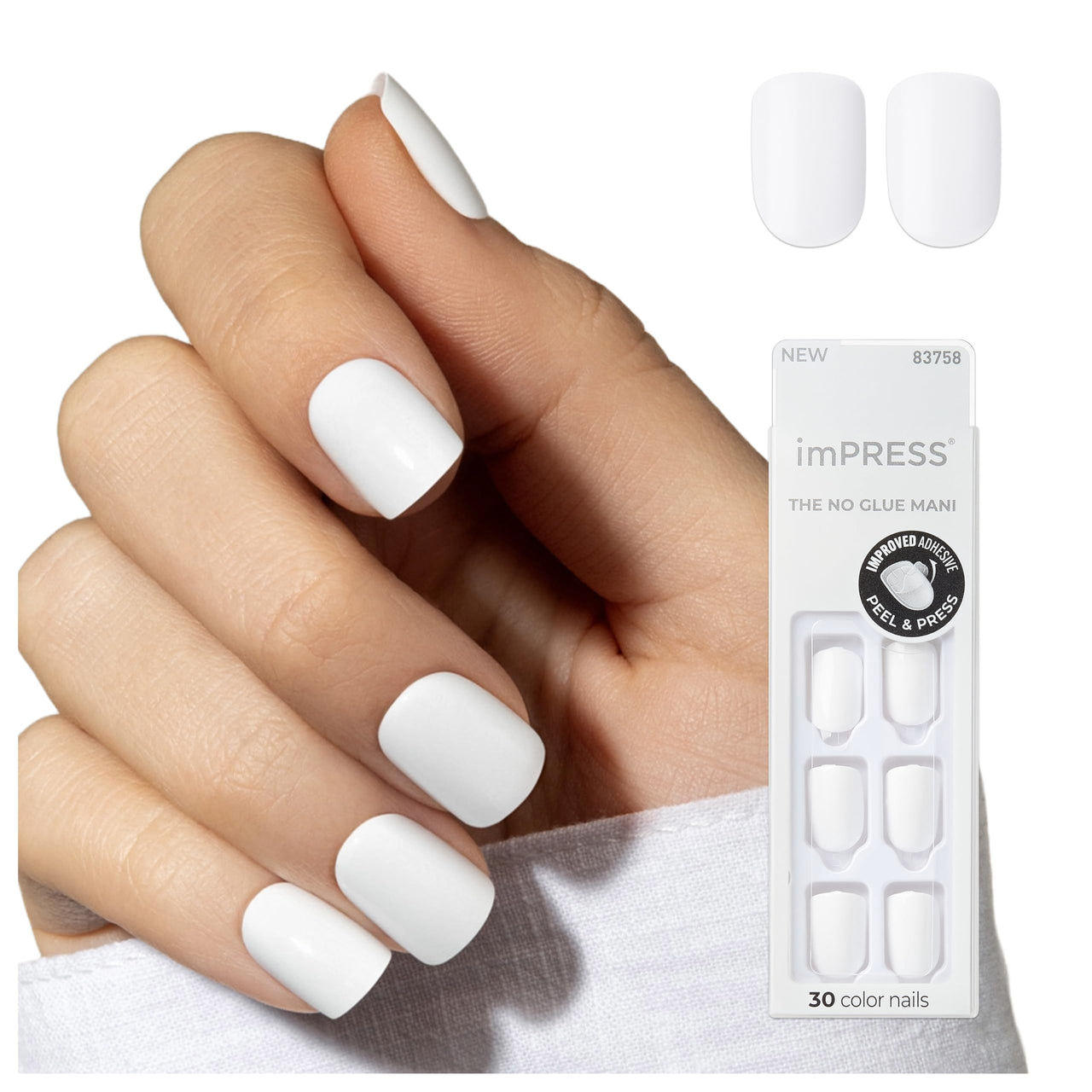 KISS imPRESS No Glue Mani Press On Nails, , 'Frosting', White, Short Size, Squoval Shape, Includes 30 Nails, Prep Pad, Instructions Sheet, 1 Manicure Stick, 1 Mini File | Premium Nail Wraps - Premium Nail Wraps, Salon-Quality, Easy Application