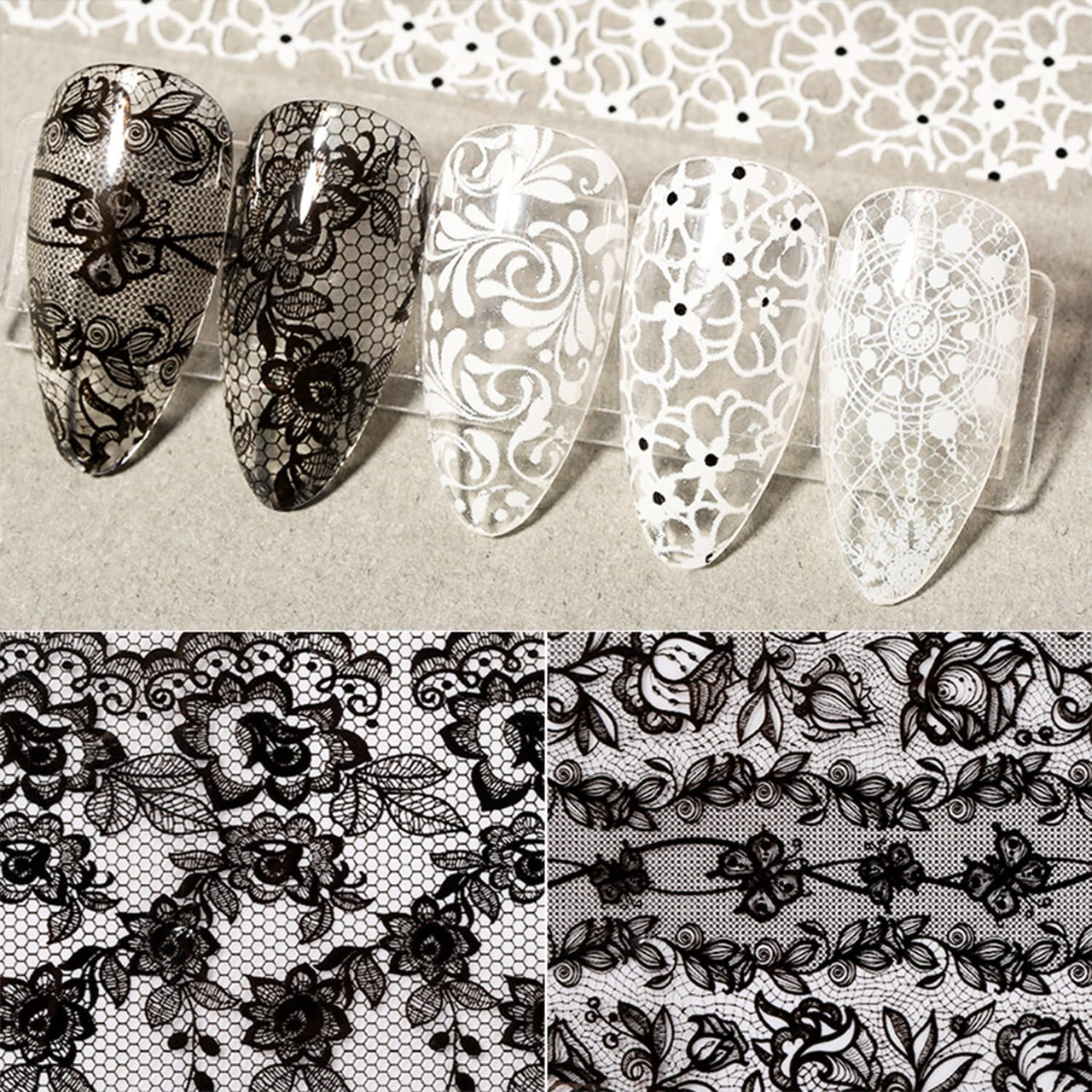 XEAOHESY 20 Rolls Black White Lace Nail Art Foil Transfer Sticker Kit Flower Foil Transfers Decals Lace Flowers Nail Foil Transfer Nail Nail Wraps Sheets Nail Art Sticker Foil Nail Nail Wraps for Foil Nail Art