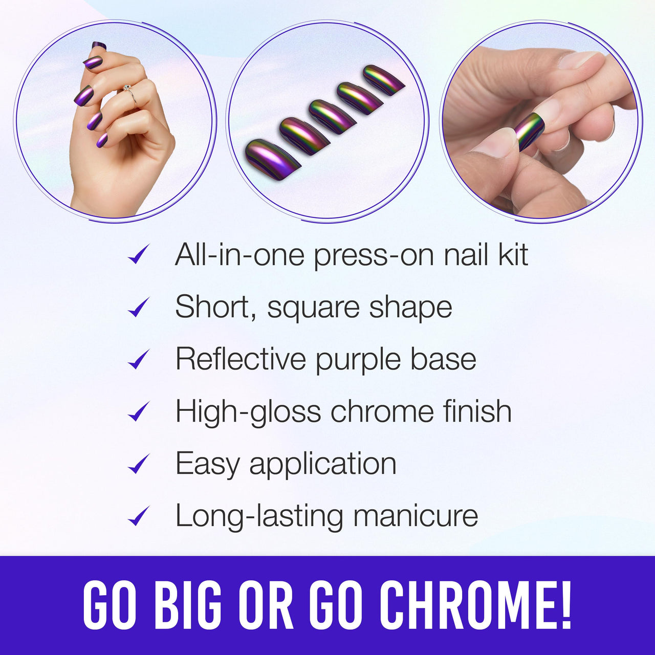 Ardell Nail Addict Chrome Press on Nails Short Square Shape, Mystic, Nail Kit, 1-Pack