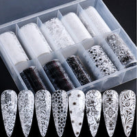 Thumbnail for XEAOHESY 10 Rolls Lace Nail Art Foil Transfer Sticker Kit Black White Flower Foil Transfers Decals Nail Art Sticker Lace Flowers Nail Transfer Nail Nail Wraps Sheets Foil Nail Nail Wraps