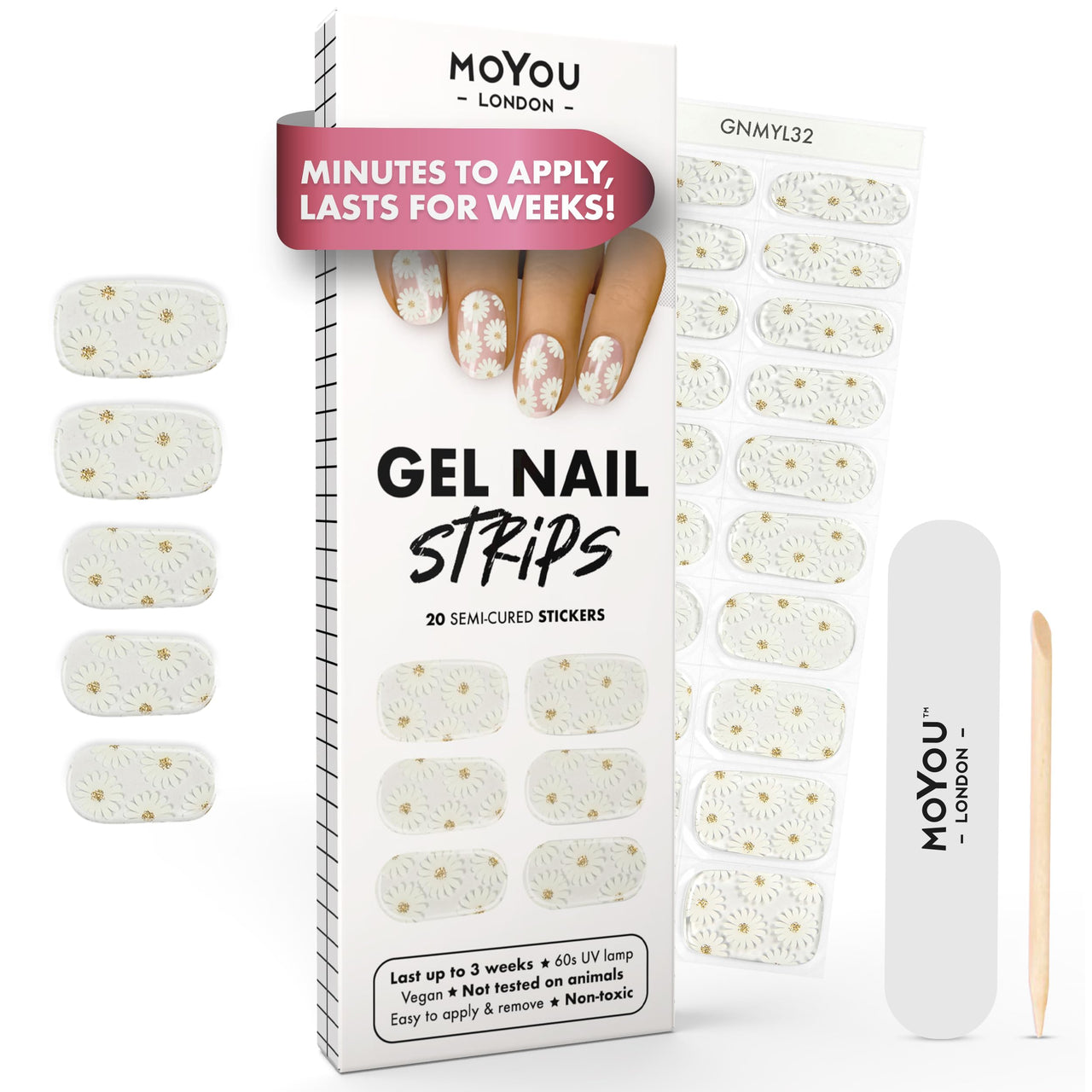 MOYOU LONDON Semi Cured Gel Nail Strips - 20 Pcs. Gel Nail Wraps for Salon-Quality Manicure - Works with Any UV Lamp - Easy to Apply, Trim, & Remove Nails Stickers