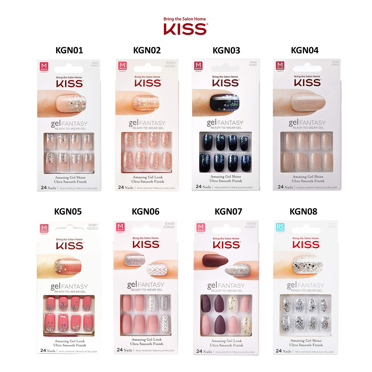 KISS Gel Fantasy Press On Nails, Nail glue included, 'Ribbons', Pink, Short Size, Squoval Shape, Includes 28 Nails, 2g glue, 1 Manicure Stick, 1 Mini File