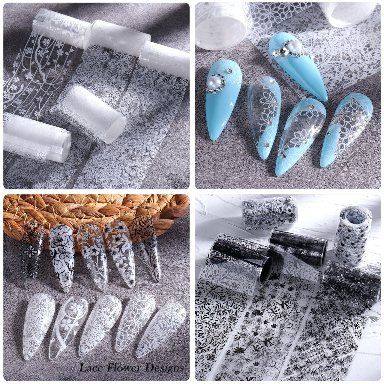 XEAOHESY 10 Rolls Lace Nail Art Foil Transfer Sticker Kit Black White Flower Foil Transfers Decals Nail Art Sticker Lace Flowers Nail Transfer Nail Nail Wraps Sheets Foil Nail Nail Wraps