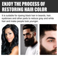 Thumbnail for Advertisement for hair color restoration product with images of a woman and two men with beards.