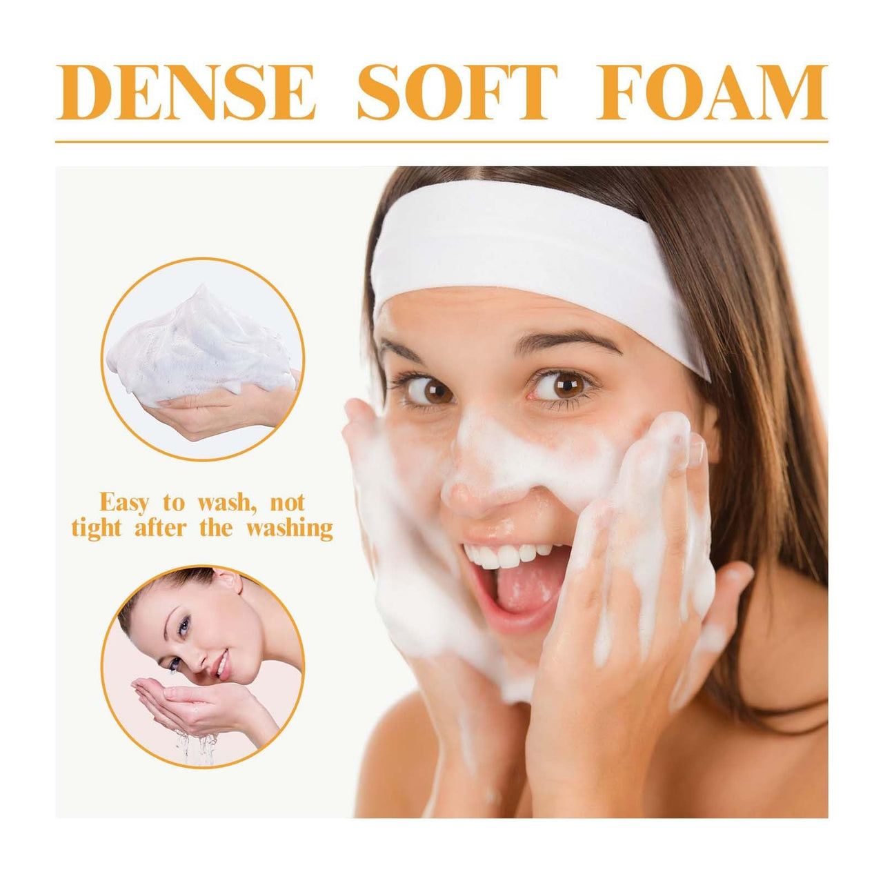 Woman applying dense soft foam to her face with text highlighting its properties.