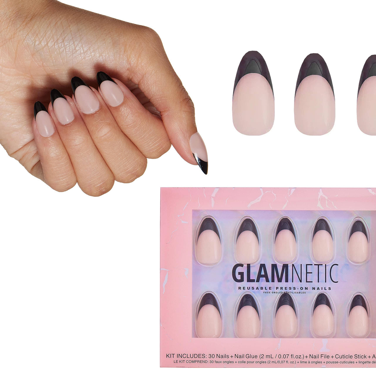 Glamnetic Glamnetic Press On Nails - Caviar | Semi-Transparent, Short Almond Nails, Reusable | 15 Sizes - 30 Nail Kit with Glue