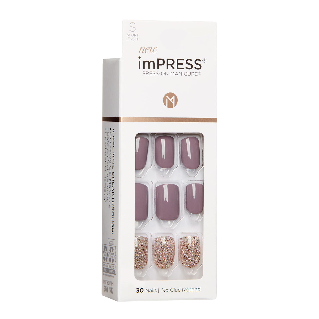 imPRESS imPRESS KISS No Glue Mani Press On Nails, Design, 'Flawless', Gray, Short Size, Squoval Shape, Includes 30 Nails, Prep Pad, Instructions Sheet, 1 Manicure Stick, 1 Mini File