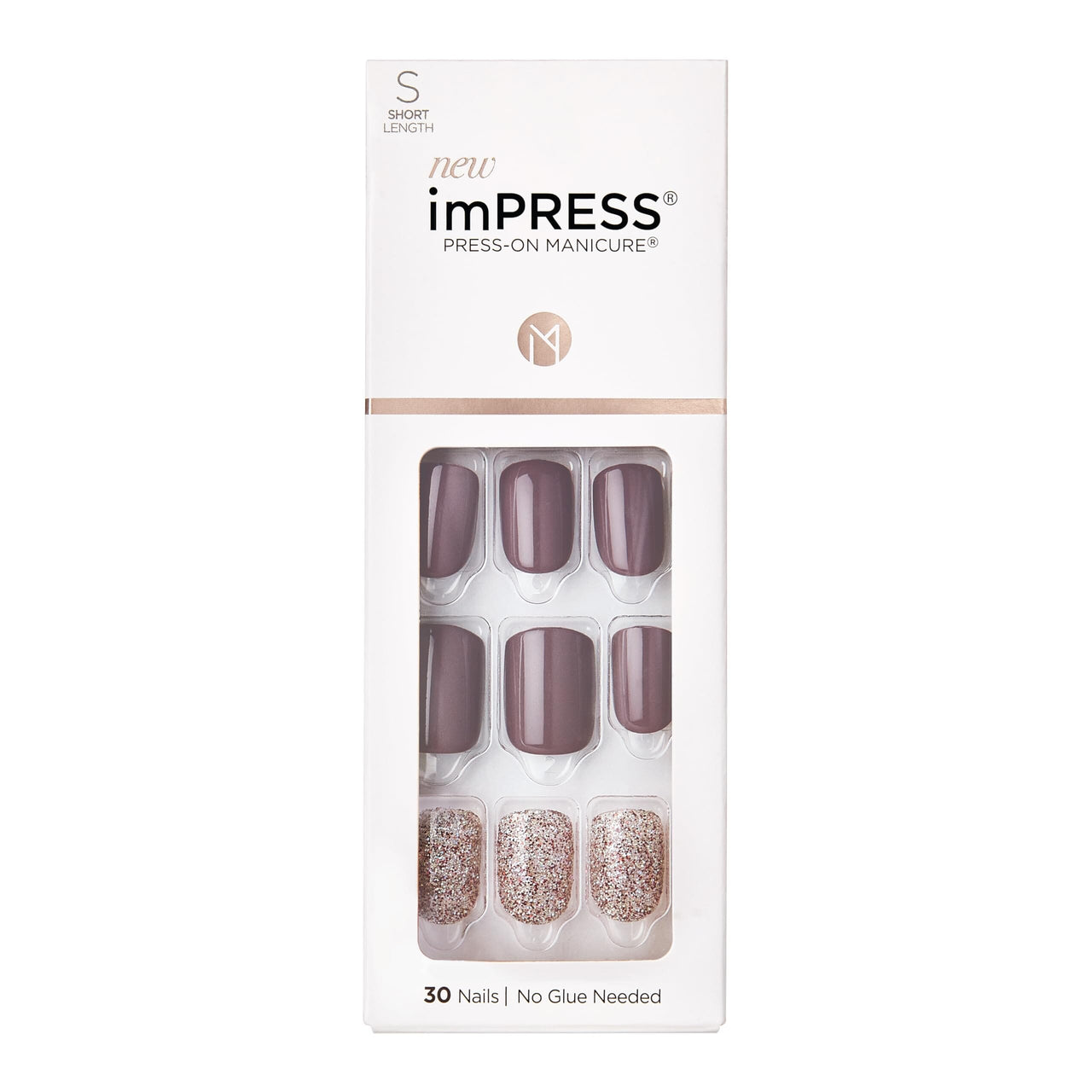 imPRESS imPRESS KISS No Glue Mani Press On Nails, Design, 'Flawless', Gray, Short Size, Squoval Shape, Includes 30 Nails, Prep Pad, Instructions Sheet, 1 Manicure Stick, 1 Mini File